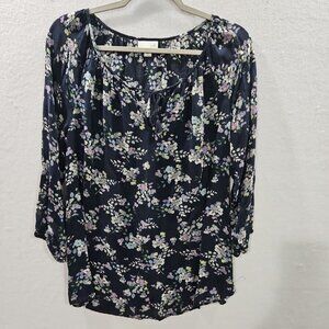 J Jill Womens Small Shirt Navy Blue Purple Floral Semi Sheer 3/4‎ Sleeve